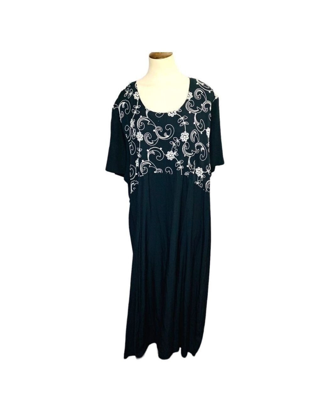 KATHRYN Deene Black White Embroidery Maxi Dress Short Sleeves Drawstring Sz 22